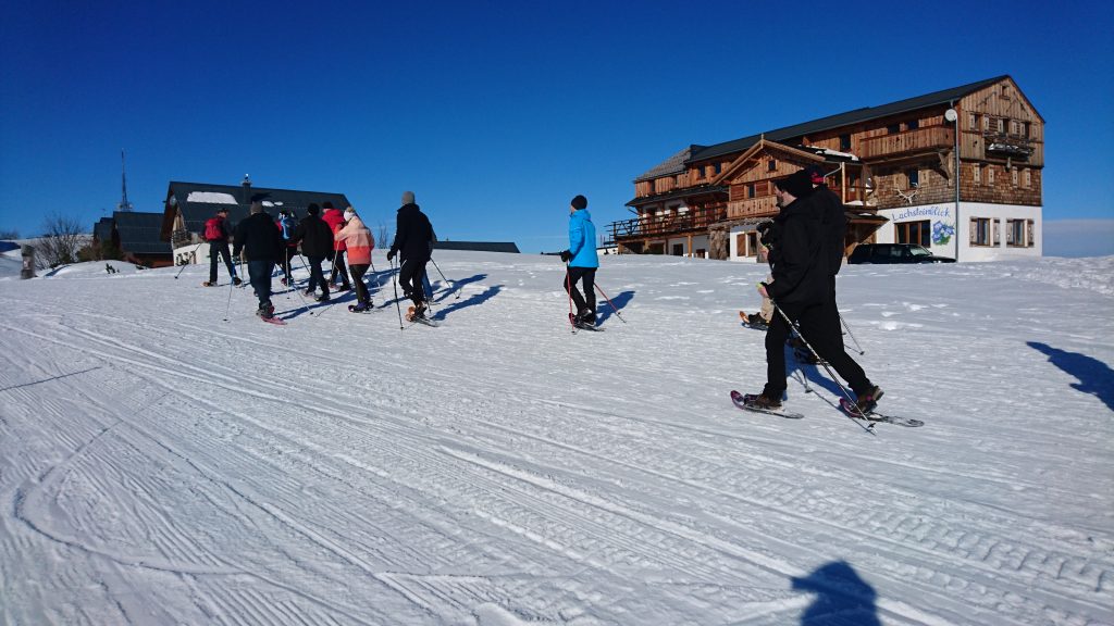 ZPARTNER Wintermeeting am Traunsee. Ein Teamfoto beim Schneeschuhwanderung in Traunkirchen.