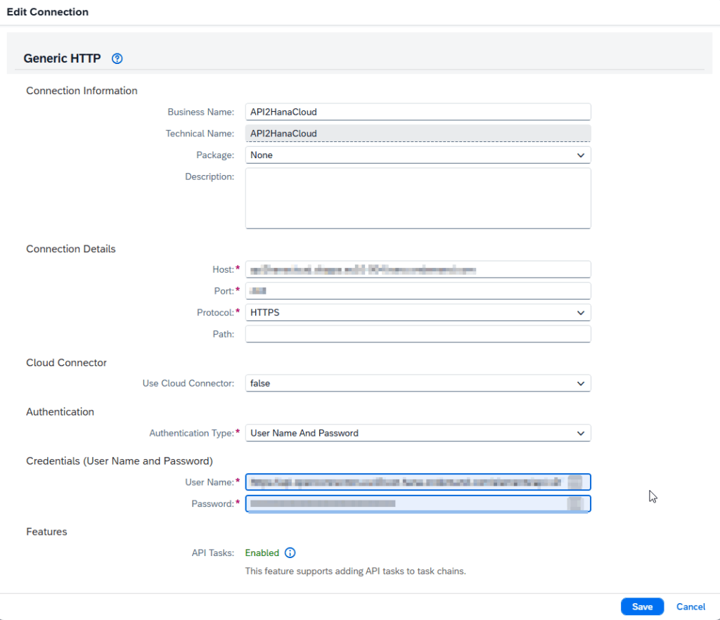 Creating a generic HTTP connection in SAP Datasphere: This screenshot shows the setup for securely connecting to an external API using HTTPS, basic authentication, and credentials, enabling downstream API task automation.