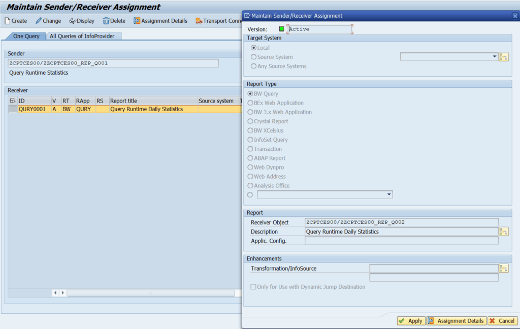 View of the screen with a sender query selected (“ZCPTCES00/ZCPTCES00_REP_Q001”) and a receiver query (“Query Runtime Daily Statistics”) displayed. The right-side panel shows additional configuration options such as target system and report type.